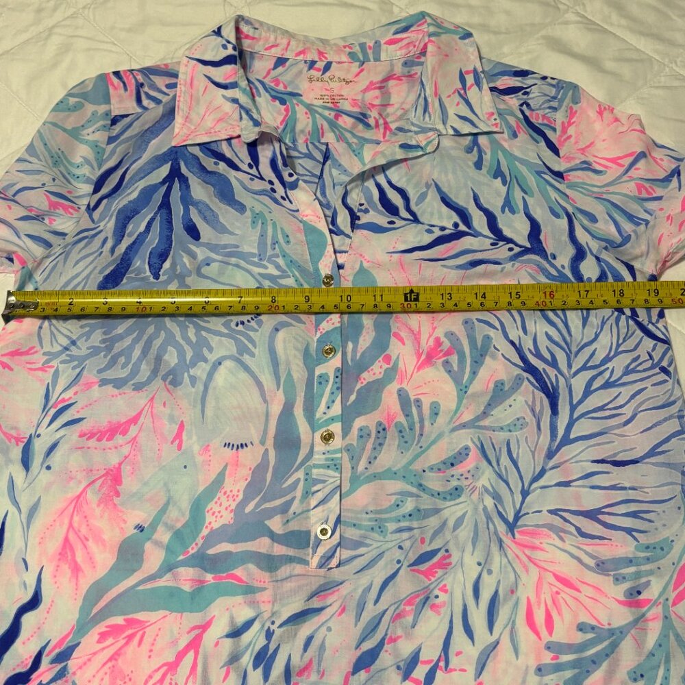 Lilly Pulitzer‎ Women’s S Cotton Tunic Top Button Front Pink Blue Tropical Print - Picture 9 of 11